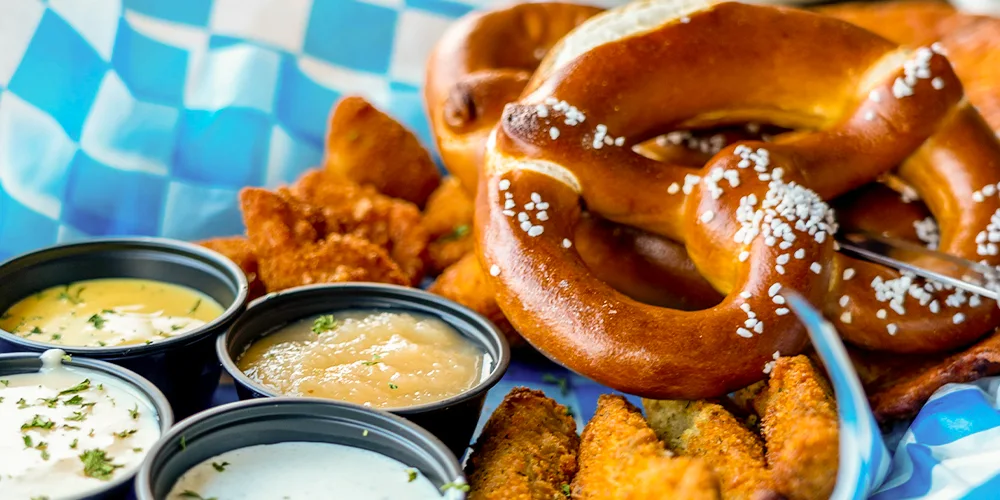 Giant pretzel and friend foods with dipping sauces from Clear Lake Brewing Company | Bala Bay Inn, Muskoka and Bala's historic hotel, Established in 1910