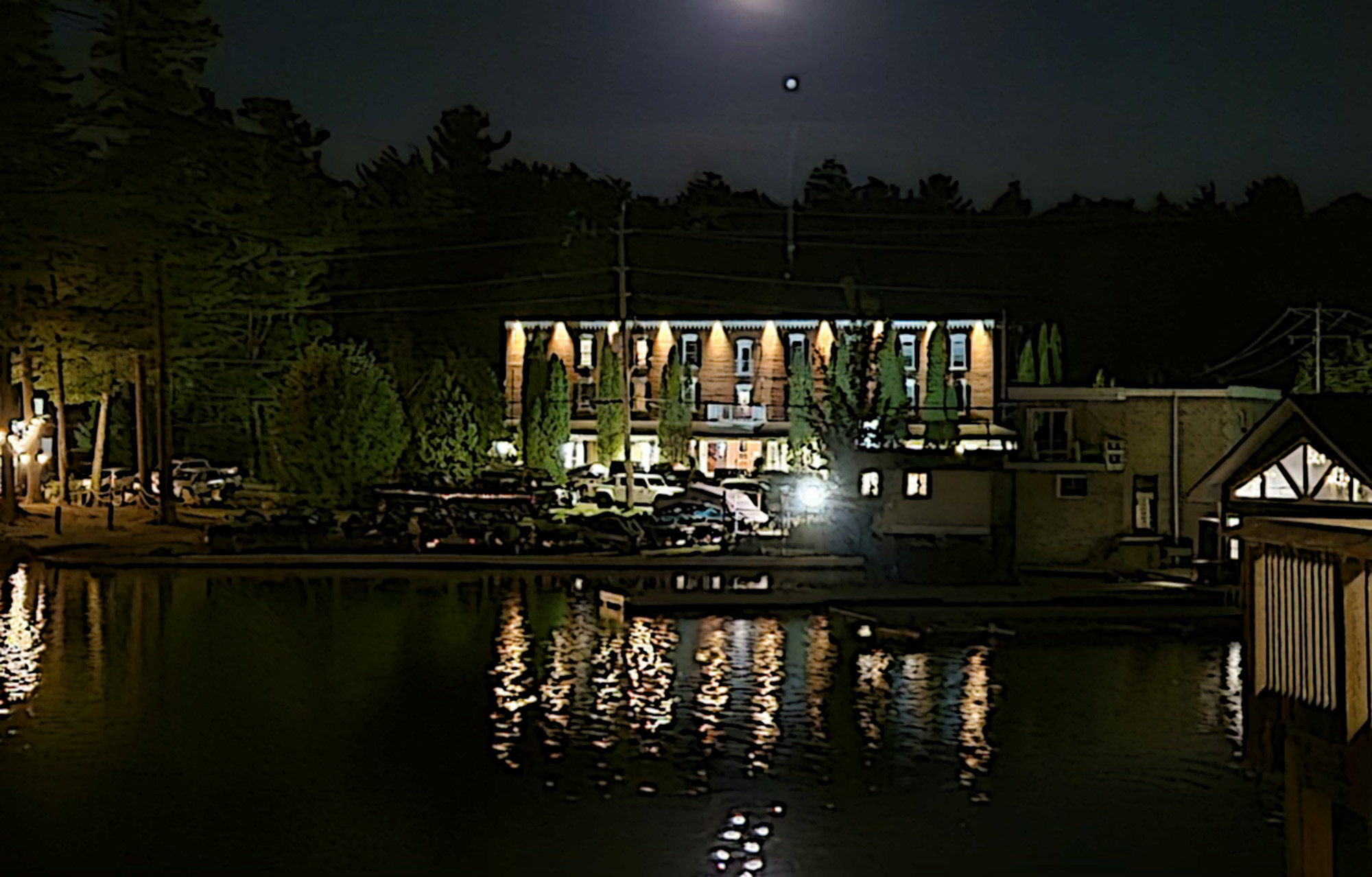 Stylized rendition of the Bala Bay Inn at night