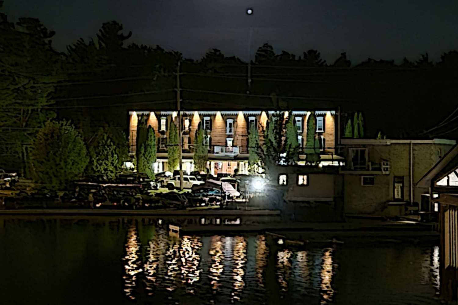 Stylized view of the Bala Bay Inn at night